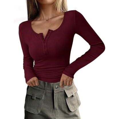 Women’s Long Sleeve Button Ribbed Knit Top | Slim Fit Basic Casual Blouse.