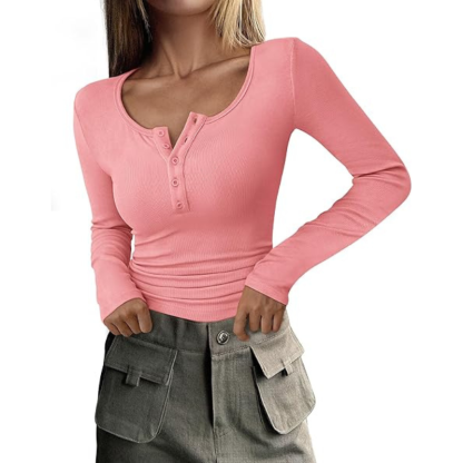 Women’s Long Sleeve Button Ribbed Knit Top | Slim Fit Basic Casual Blouse.