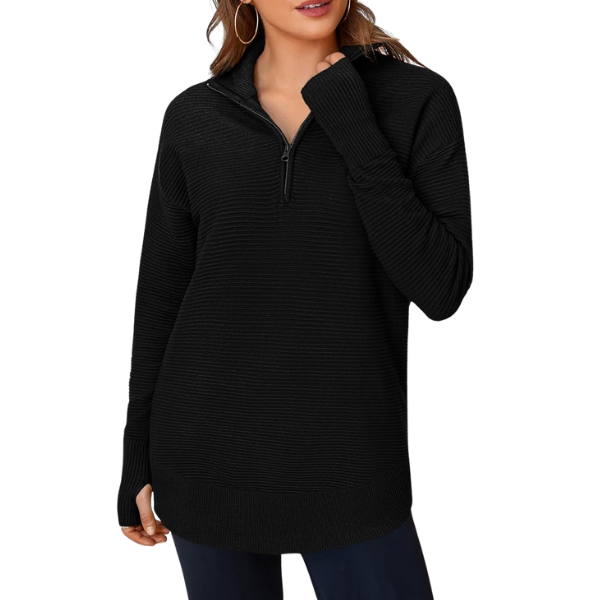 Womens Long Sleeve Quarter Zip Pullover Sweater Casual Loose V Neck Collared Ribbed Knit Jumper Tops Thumb Hole