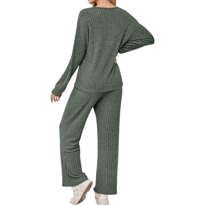 Ribbed Knit Lounge Set With Sweater Top And Loose Fit Pants For Women