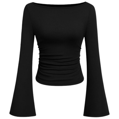 Ribbed Crop Top With Long Bell Sleeve For Women