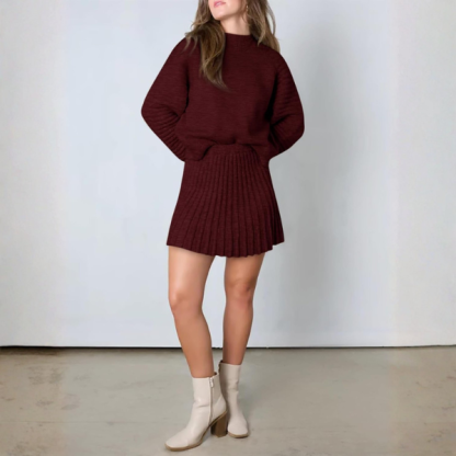 2 Piece Ribbed Knit Puff Sleeve Sweater Top And Mini Skirt Outfit Set