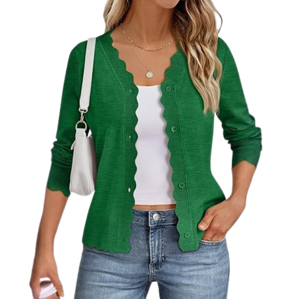 Lightweight Button Down Knit Cardigan With Scallop Trim