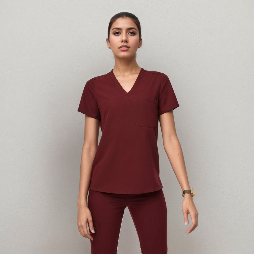 Classic Women Scrub Top With Short Sleeves And Single Chest Pocket