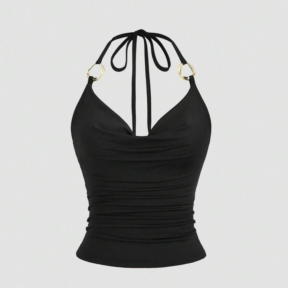 Ring Decor Draped Neck Tie Strap Tank Top