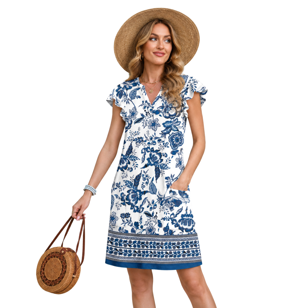Casual Ruffle Sleeve Swing Dress With Pockets For Women