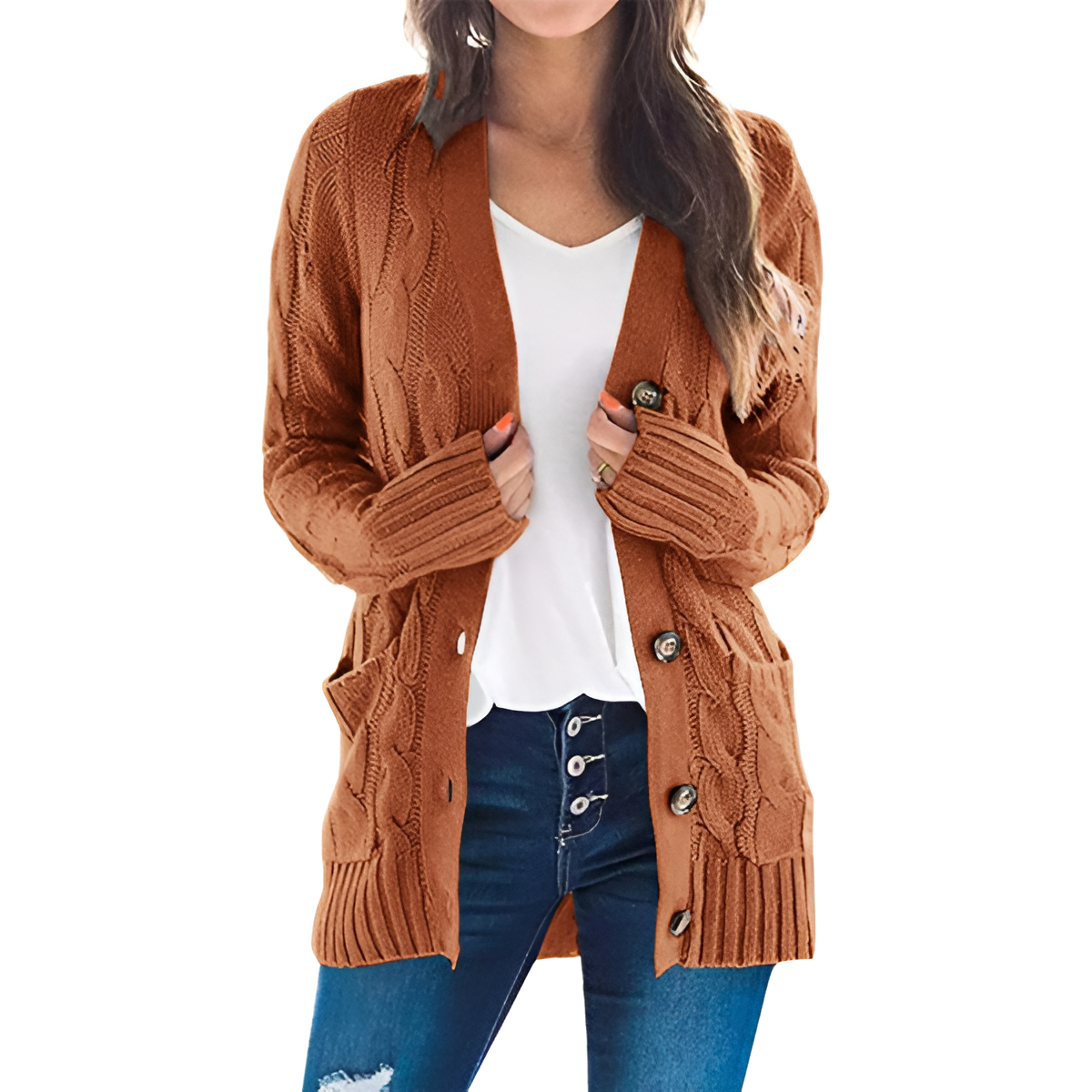 Cable Knit Button Front Open Cardigan