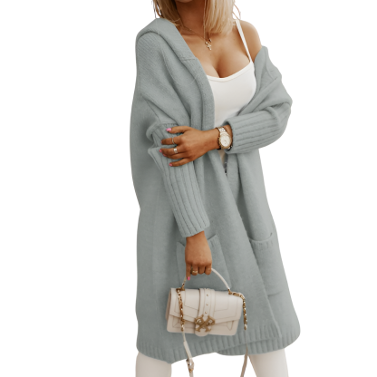 Long Knitted Hooded Cardigan With Open Front  For Women
