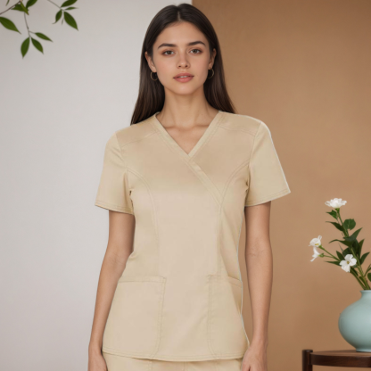 Women Scrubs Mock Wrap Top With 3 Pockets