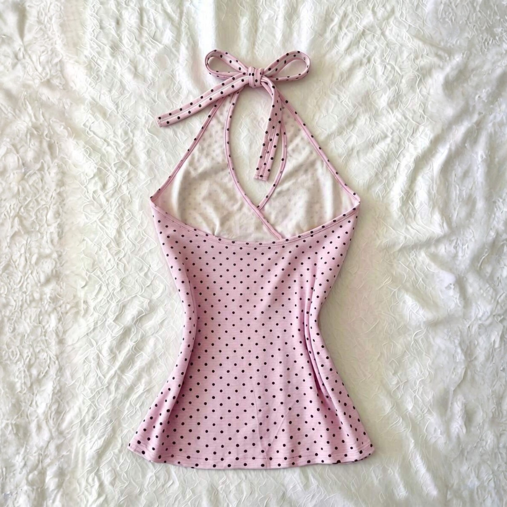 Polka Dot Digital Print Halter Neck Tie Back Tank Tops