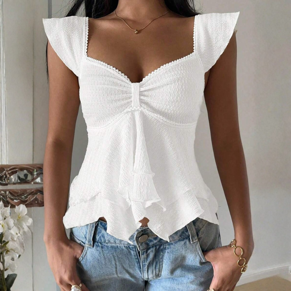 Ruffle Knitted Sweetheart Asymmetrical Tank Top For Women