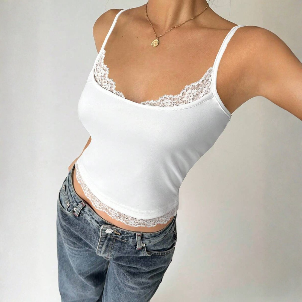Casual Solid Contrast Lace Fitted Camisole Summer For Women