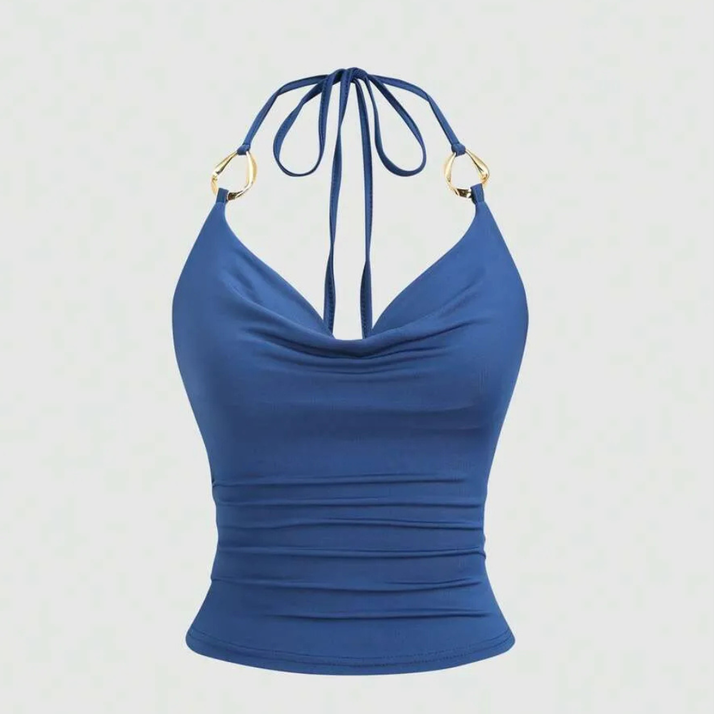 Ring Decor Draped Neck Tie Strap Tank Top