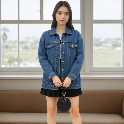 Women’s Oversized Mid Long Denim Jacket Casual Jean Biker Coat