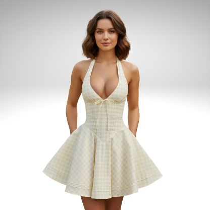 Gingham Print Mini Dress With Halter Strap Design And Flared Skirt