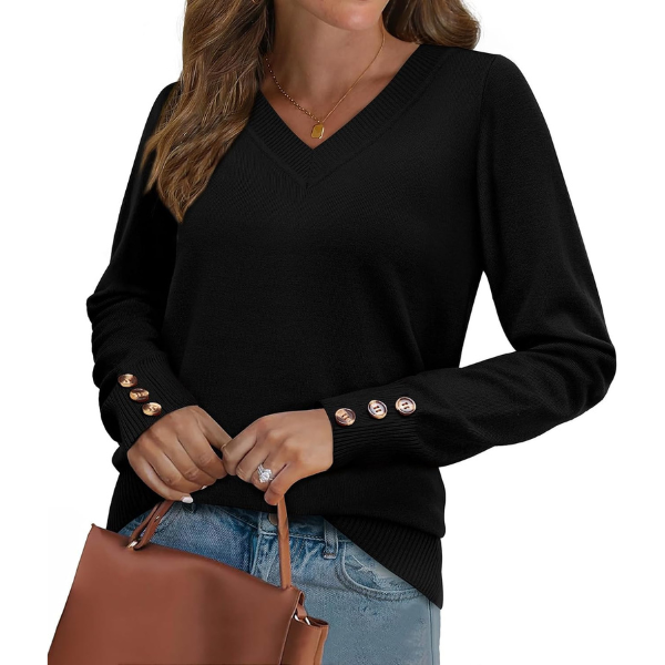 ightweight Sweaters for Women Long Sleeve V Neck Knit Outfits with Decorative Buttons