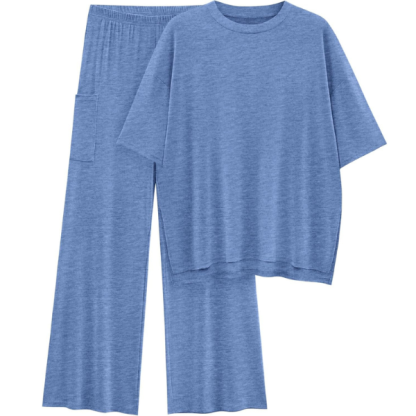 2 Piece Summer Lounge Set With Short Sleeve Top And Pants For Women