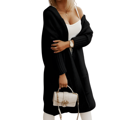 Long Knitted Hooded Cardigan With Open Front  For Women