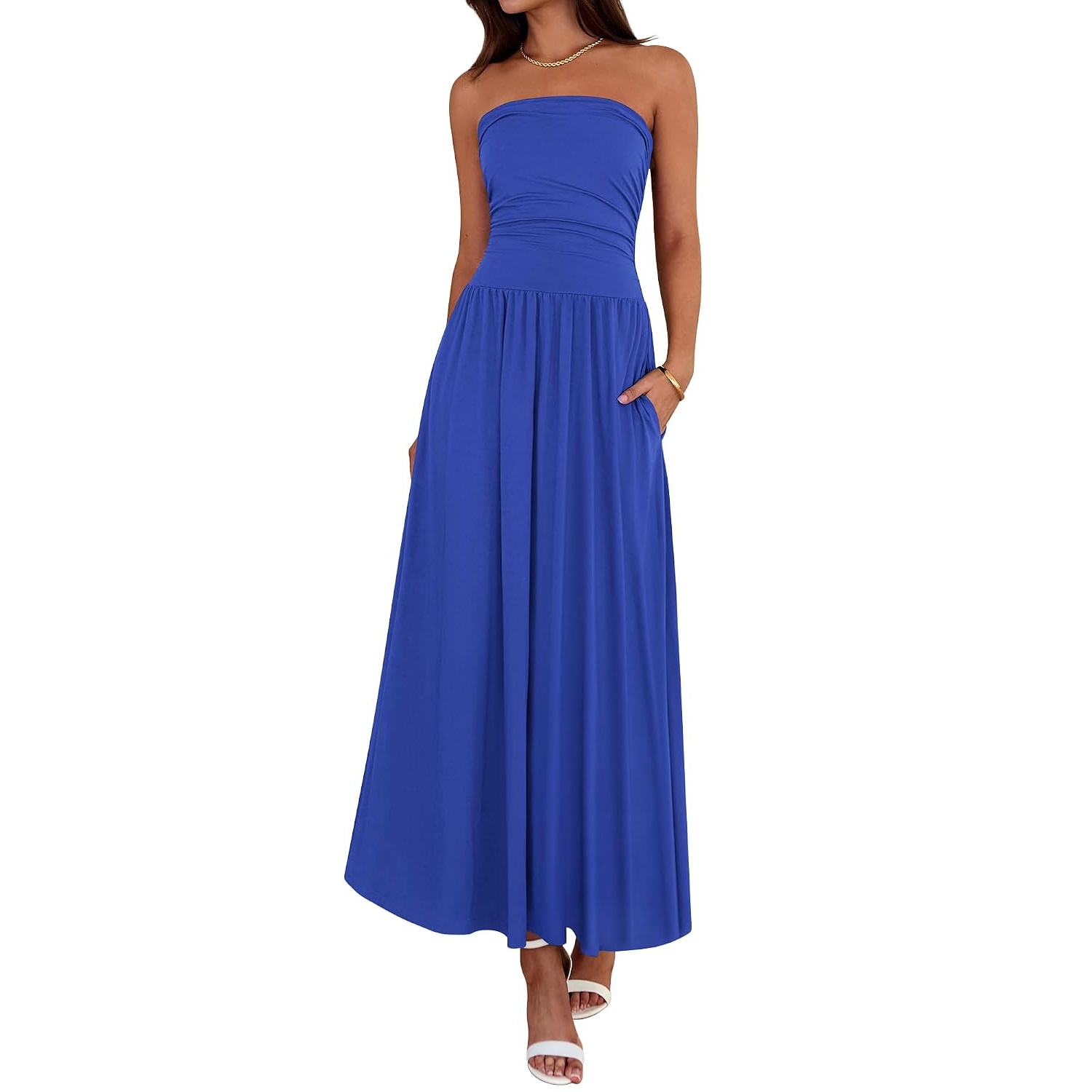 Casual Strapless Ruched Maxi Dress With Pockets For Women