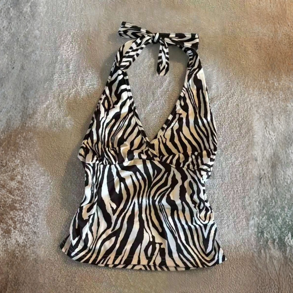 Polka Dot Digital Print Halter Neck Tie Back Tank Tops