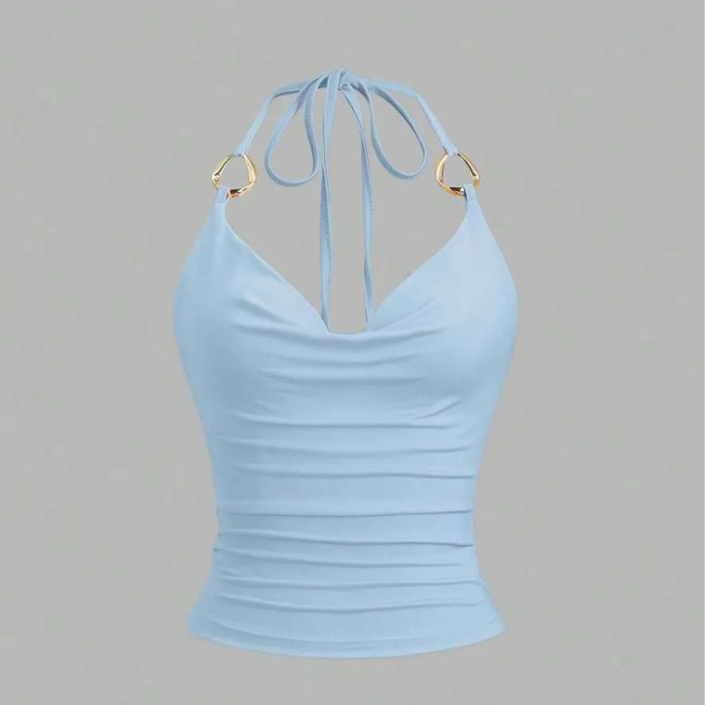 Ring Decor Draped Neck Tie Strap Tank Top