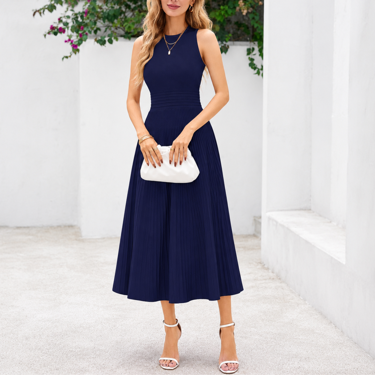 Casual Sleeveless Midi Dress With Pleated Design For Women