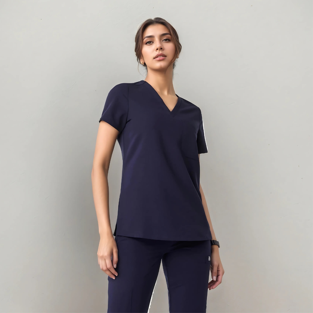 Classic Women Scrub Top With Short Sleeves And Single Chest Pocket