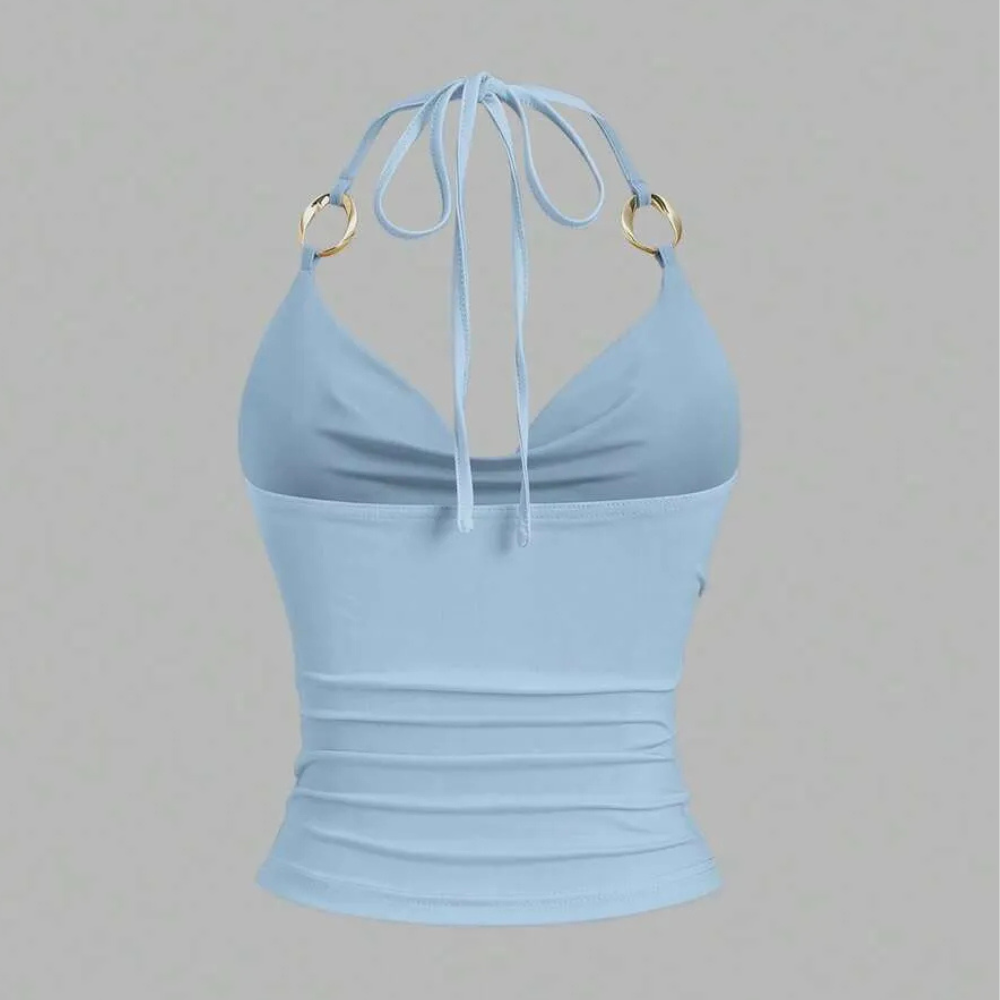 Ring Decor Draped Neck Tie Strap Tank Top