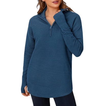 Womens Long Sleeve Quarter Zip Pullover Sweater Casual Loose V Neck Collared Ribbed Knit Jumper Tops Thumb Hole