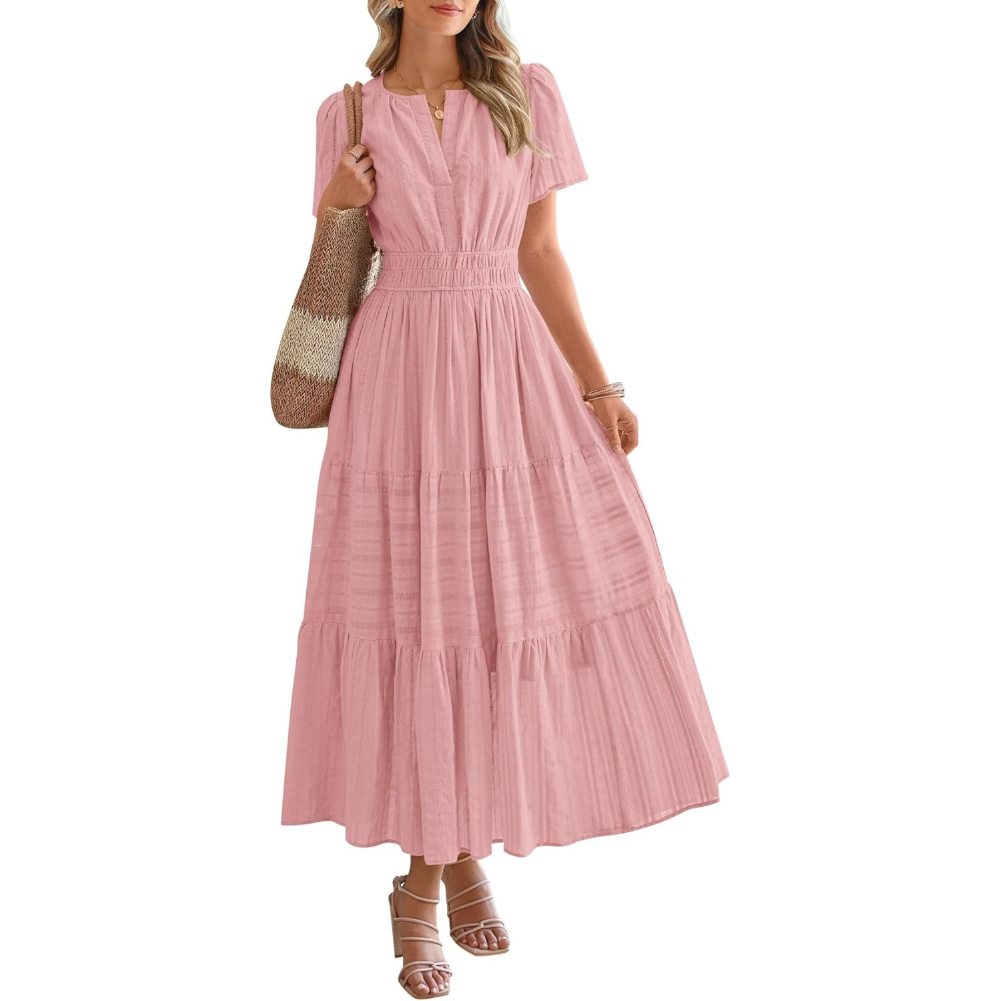 Womens Summer 2026 Casual Midi Maxi Dresses Lightweight Short Sleeve V Neck Elastic Waist Boho Beach Dress Pockets