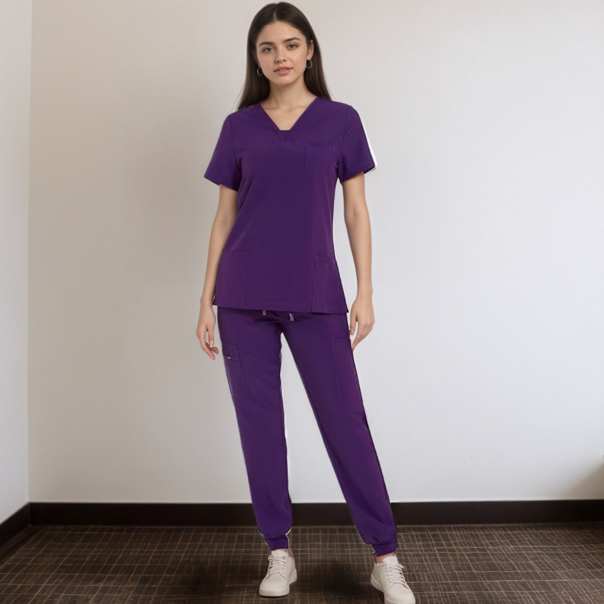Women V Neck Top And Cargo Pants Scrubs Set