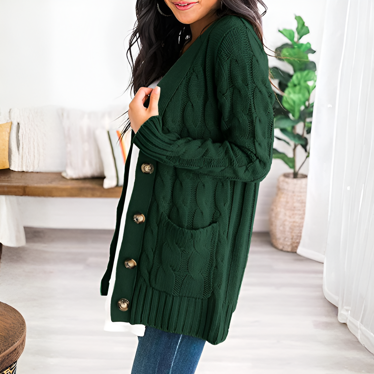 Cable Knit Button Front Open Cardigan