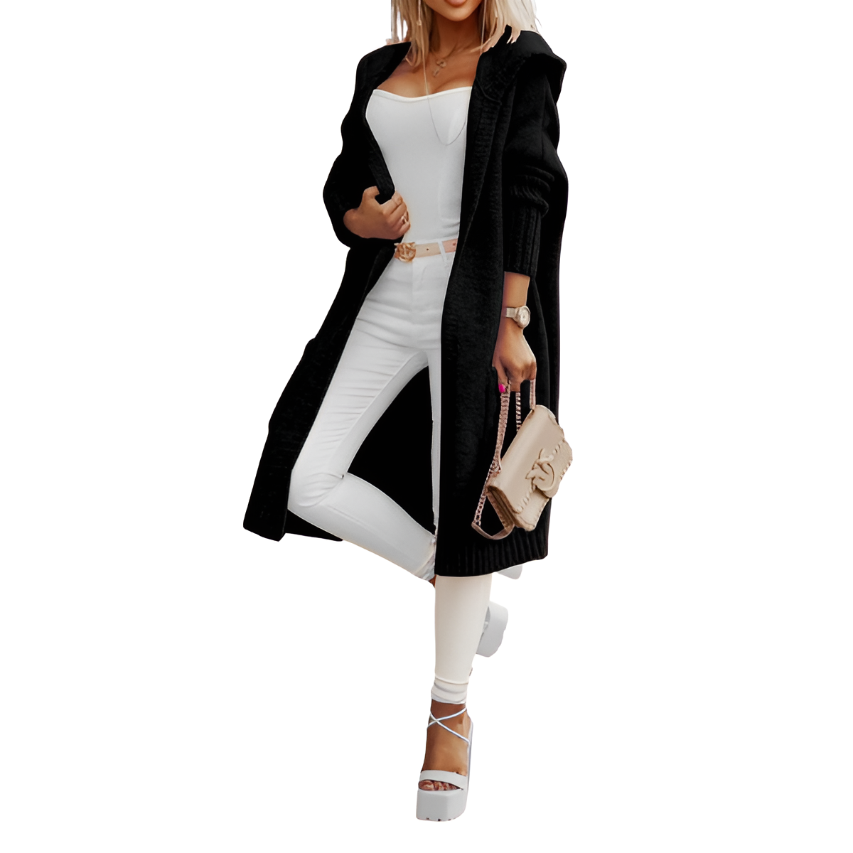 Long Knitted Hooded Cardigan With Open Front  For Women