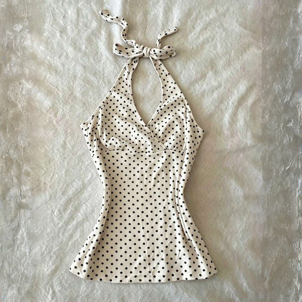 Polka Dot Digital Print Halter Neck Tie Back Tank Tops