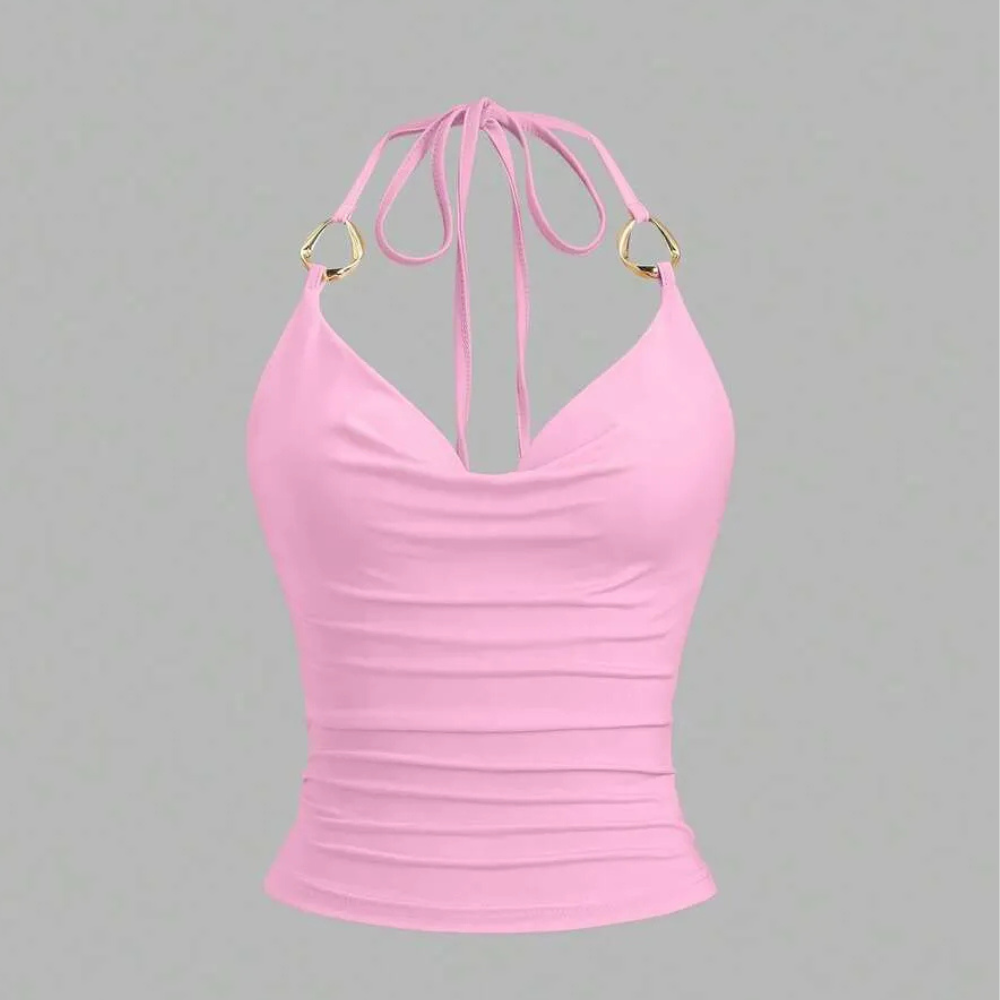 Ring Decor Draped Neck Tie Strap Tank Top