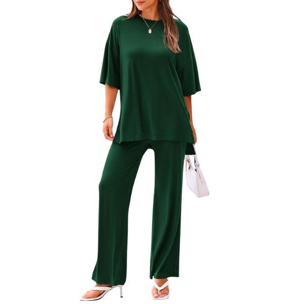 2 Piece Summer Lounge Set With Short Sleeve Top And Pants For Women