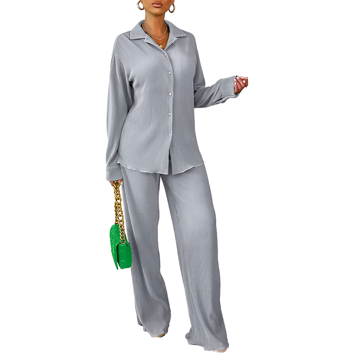 2 Piece Button Down Shirt And Pleated Pants Set For Women