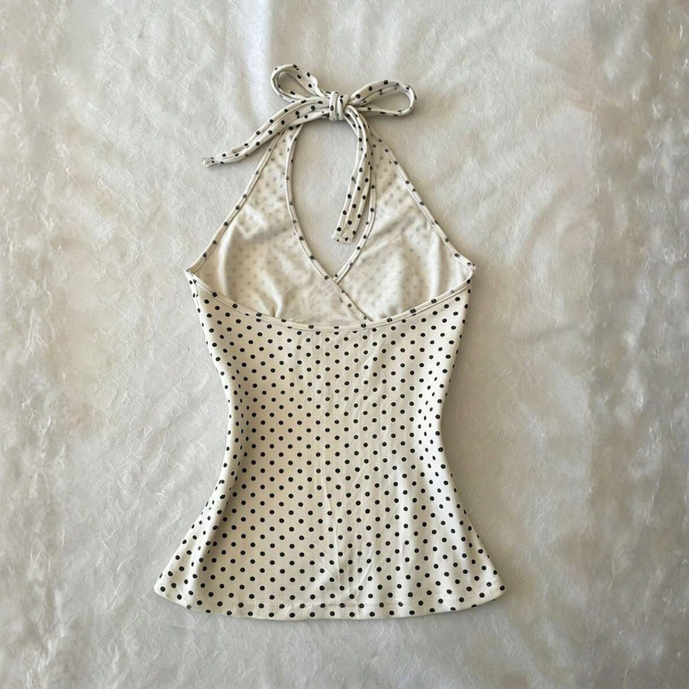 Polka Dot Digital Print Halter Neck Tie Back Tank Tops