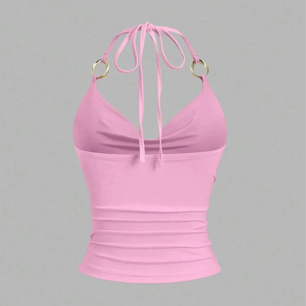 Ring Decor Draped Neck Tie Strap Tank Top