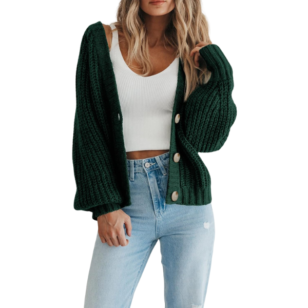Women's Chunky Knit Open Front Sweater Long Sleeve Button Loose Short Cardigan Outerwear Coats