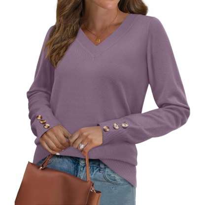 ightweight Sweaters for Women Long Sleeve V Neck Knit Outfits with Decorative Buttons