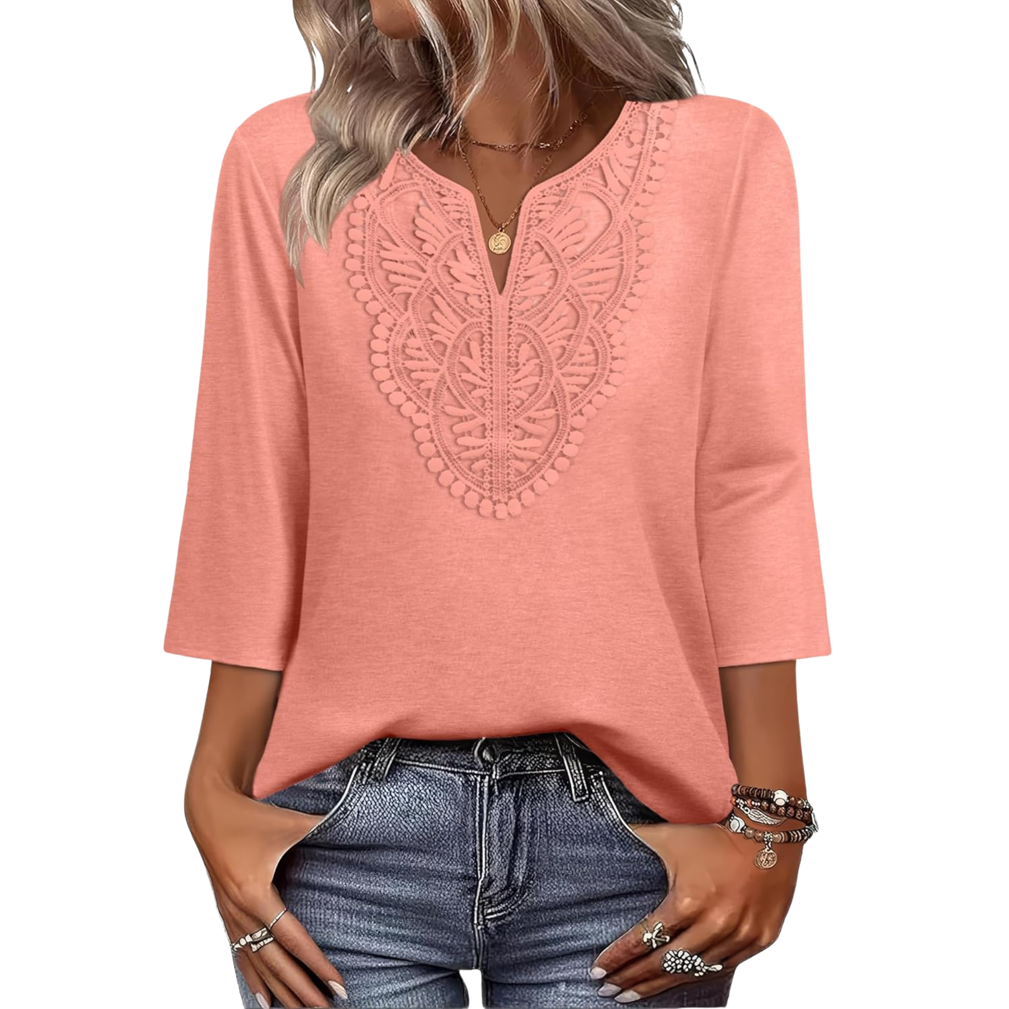  Length Sleeve Womens Tops Boho V Neck Lace Shirt Trendy Blouses Dressy Casual Vacation