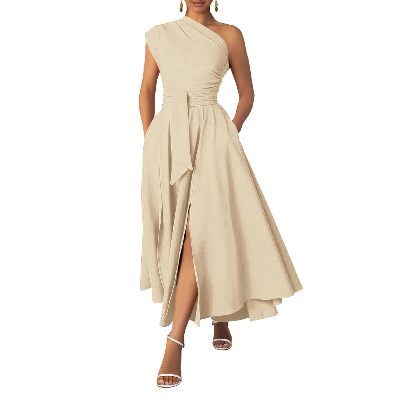 Asymmetric Belted Maxi Dress with Convenient Pockets