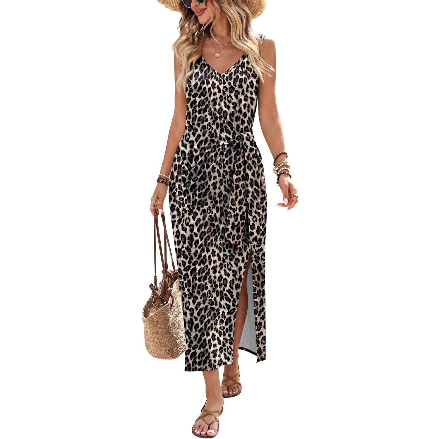 Casual Midi Sleeveless Summer Work Dress With Tie For Women