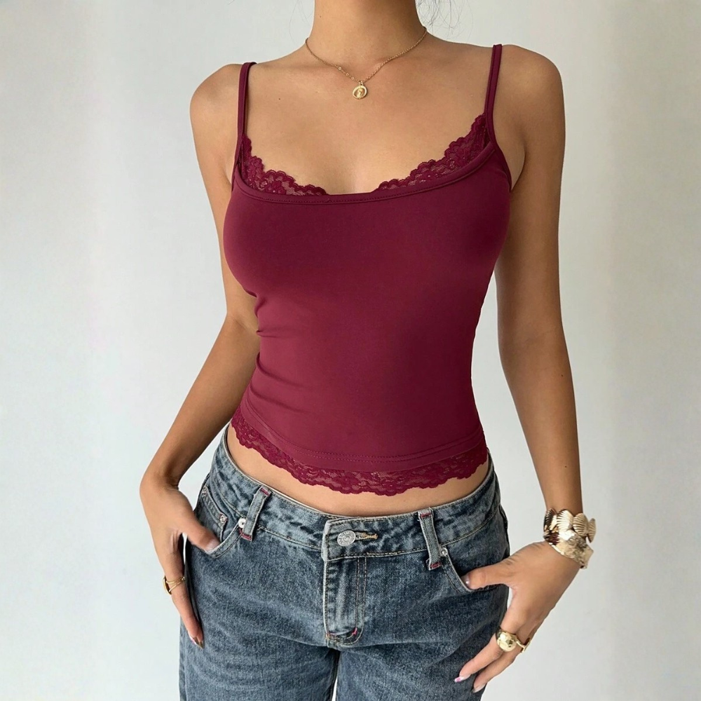 Casual Solid Contrast Lace Fitted Camisole Summer For Women