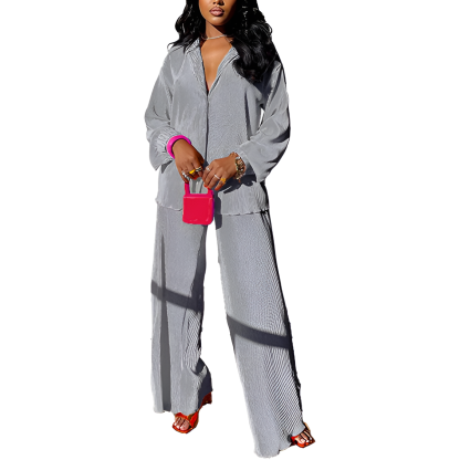 2 Piece Button Down Shirt And Pleated Pants Set For Women