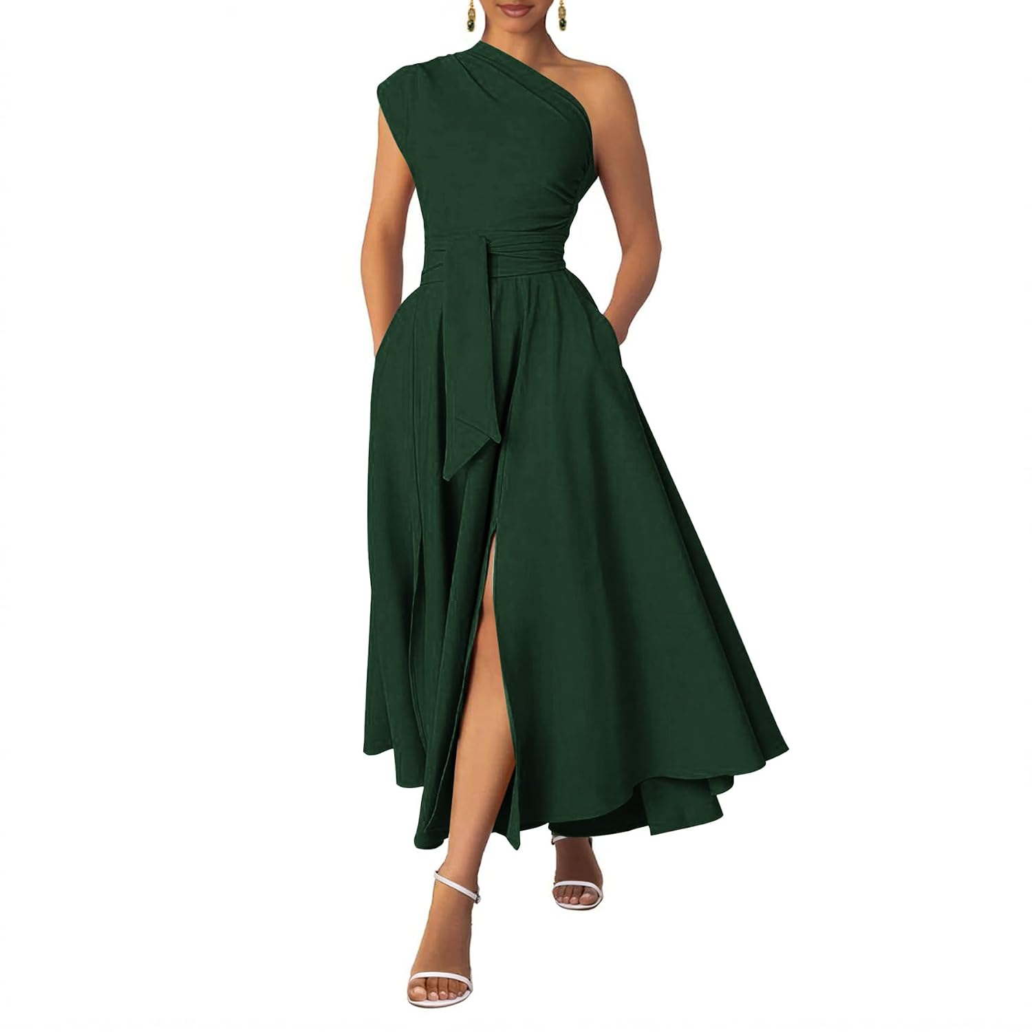 Asymmetric Belted Maxi Dress with Convenient Pockets