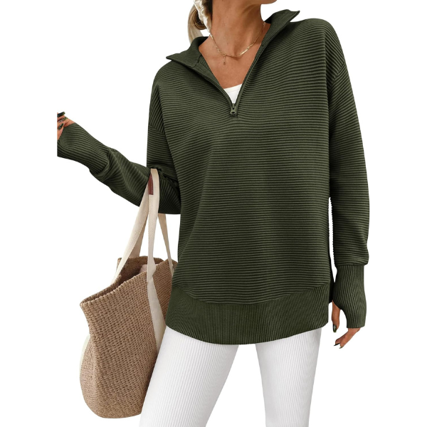 Womens Long Sleeve Quarter Zip Pullover Sweater Casual Loose V Neck Collared Ribbed Knit Jumper Tops Thumb Hole