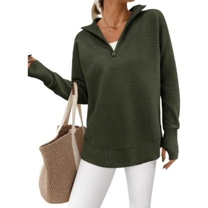 Womens Long Sleeve Quarter Zip Pullover Sweater Casual Loose V Neck Collared Ribbed Knit Jumper Tops Thumb Hole
