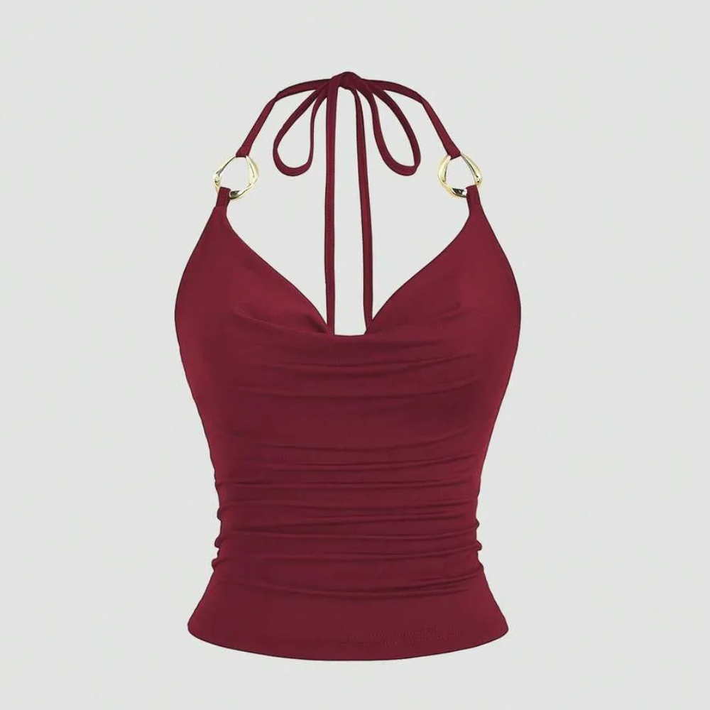 Ring Decor Draped Neck Tie Strap Tank Top